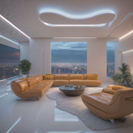 interior of modern futuristic sci fi living room apartment with neon light, generative AIの素材