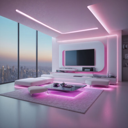 interior of modern futuristic sci fi living room apartment with neon light, generative AIの素材
