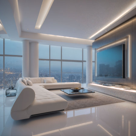 interior of modern futuristic sci fi living room apartment with neon light, generative AIの素材