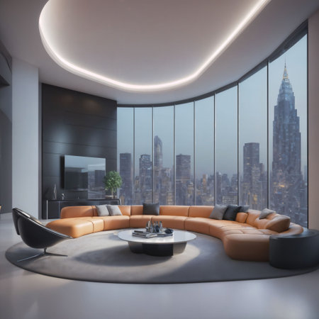 interior of modern futuristic sci fi living room apartment with neon light, generative AIの素材