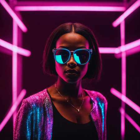 photo of beautiful african woman with with mixed pink and blue neon light, generative AIの素材