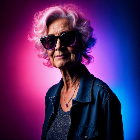 photo of middle aged old woman with with mixed pink and blue neon light, generative AIの素材