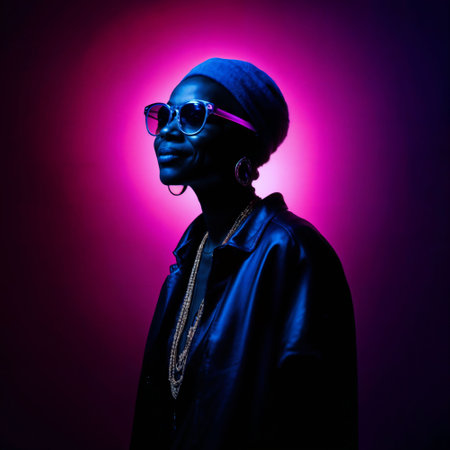 photo of middle aged old African woman with with mixed pink and blue neon light, generative AIの素材