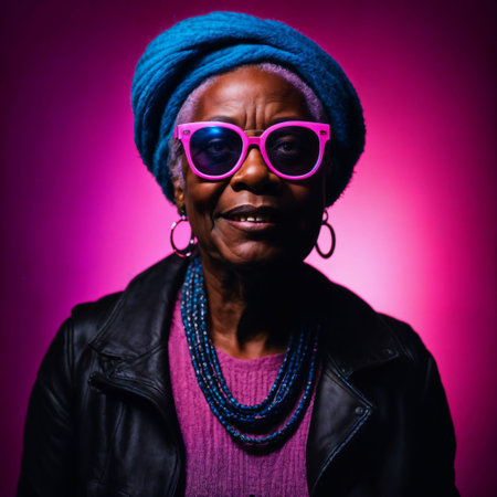 photo of middle aged old African woman with with mixed pink and blue neon light, generative AIの素材