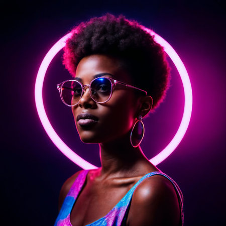 photo of beautiful african woman with with mixed pink and blue neon light, generative AIの素材