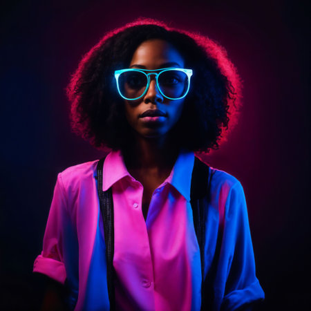 photo of beautiful african woman with with mixed pink and blue neon light, generative AIの素材
