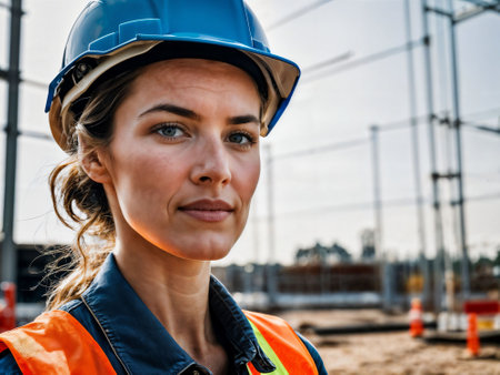 photo of woman as a construction worker with helmet, generative AIの素材
