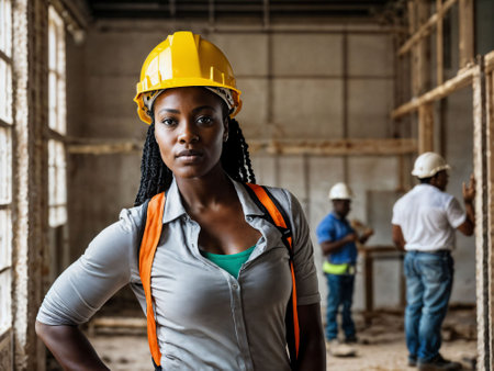 photo of african black woman as a construction worker with helmet, generative AIの素材