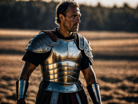 photo of strong ancient male warrior with roman armor stained, generative AIの素材