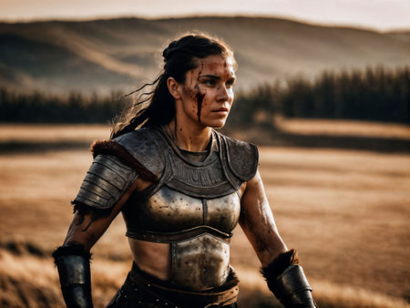 photo of ancient barbarian female warrior stained , generative AIの素材
