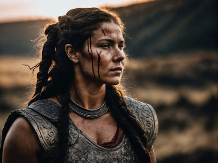 photo of ancient barbarian female warrior stained , generative AIの素材