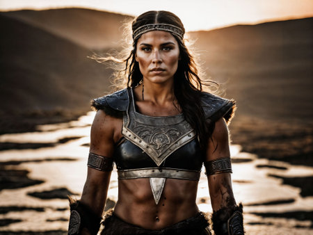 photo of ancient barbarian female warrior stained , generative AIの素材