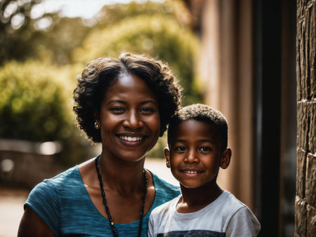 photo of happy family black mother and son, generative AIの素材