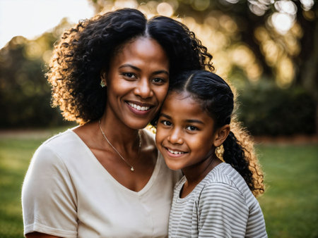 photo of happy family black mother and daughter, generative AIの素材