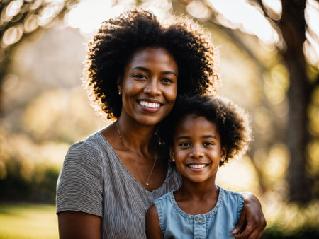 photo of happy family black mother and daughter, generative AIの素材