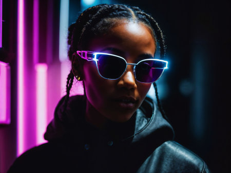 photo of black woman in black hoodie in server data center room with neon light, generative AIの素材