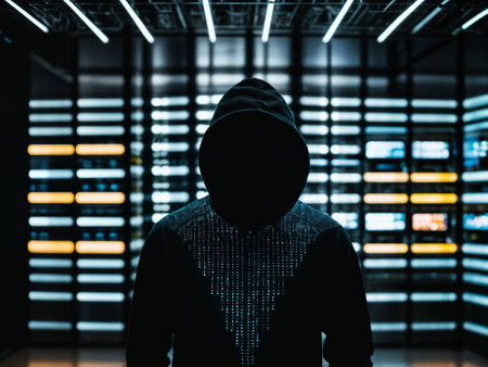 photo of man in black hoodie in server data center room with neon light, generative AIの素材