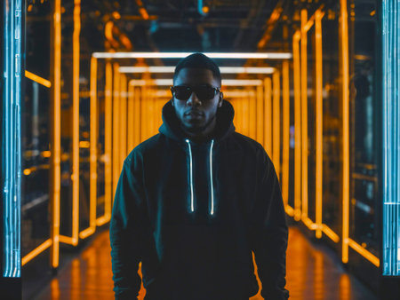 photo of black man in black hoodie in server data center room with neon light, generative AIの素材