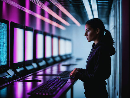 photo of woman in black hoodie in server data center room with neon light, generative AIの素材