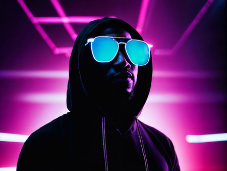 photo of black man in black hoodie in server data center room with neon light, generative AIの素材