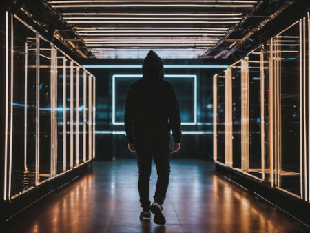 photo of man in black hoodie in server data center room with neon light, generative AIの素材
