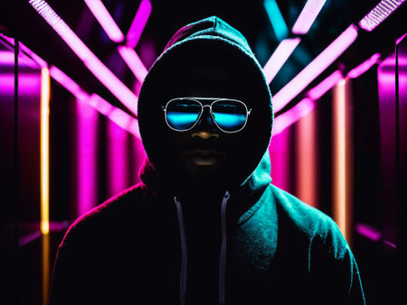 photo of black man in black hoodie in server data center room with neon light, generative AIの素材