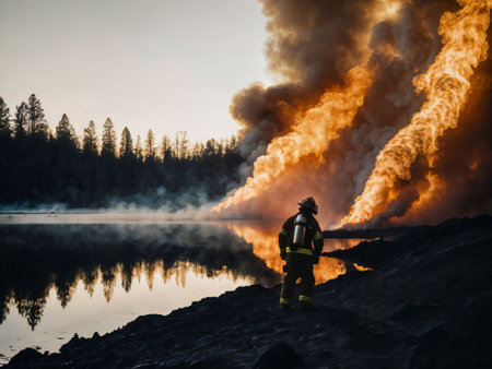 photo of firefighter with big fire cloud and smoke in background, generative AIの素材