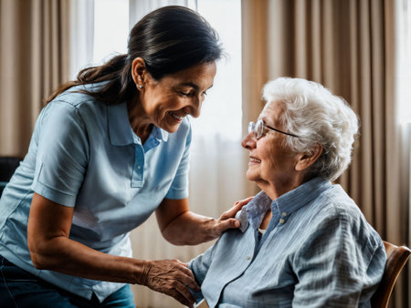 photo of woman take care senior woman at home, generative AIの素材