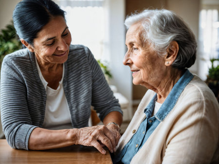 photo of woman take care senior woman at home, generative AIの素材