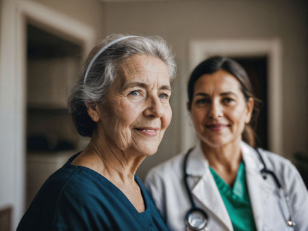 photo of woman take care senior woman at home, generative AIの素材
