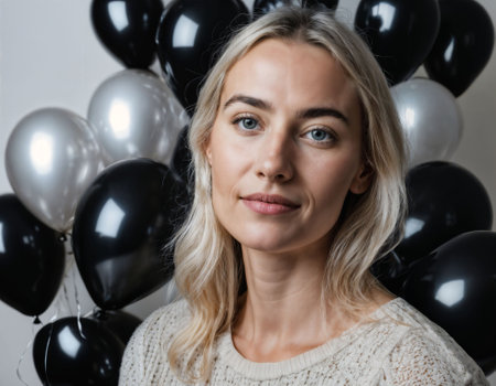 photo of beautiful european woman with blonde hair color in black and white balloons in background, generative AIの素材