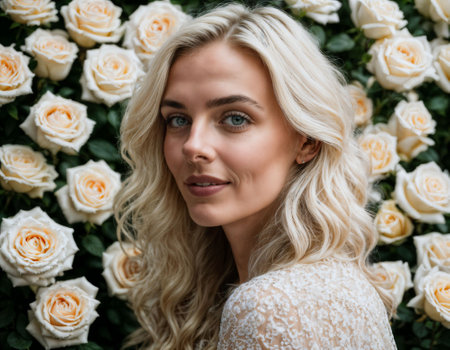 photo of beautiful woman in blonde hair color with white rose background, generative AIの素材