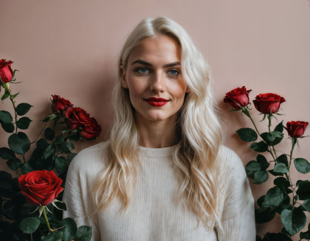 photo of beautiful woman in blonde hair color with red rose background, generative AIの素材