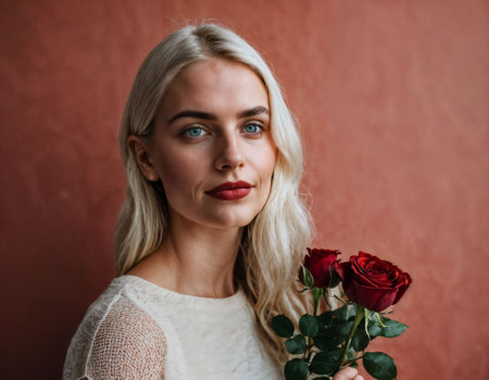 photo of beautiful woman in blonde hair color with red rose background, generative AIの素材