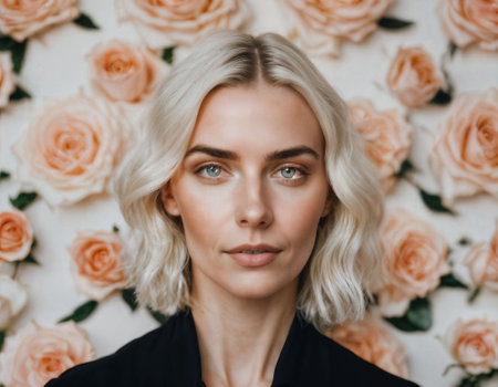 photo of beautiful woman in blonde hair color with white rose background, generative AIの素材