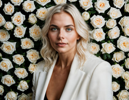 photo of beautiful woman in blonde hair color with white rose background, generative AIの素材