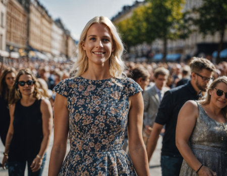 photo of beautiful woman at parade street in Europe country, generative AIの素材