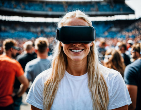 photo of beautiful woman with VR glasses headset at stadium sport arena, generative AIの素材
