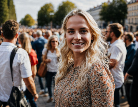 photo of beautiful woman at parade street in Europe country, generative AIの素材