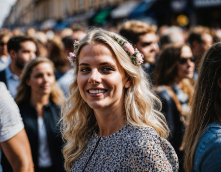 photo of beautiful woman at parade street in Europe country, generative AIの素材