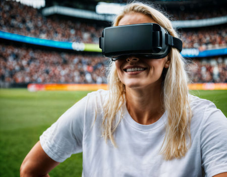 photo of beautiful woman with VR glasses headset at stadium sport arena, generative AIの素材