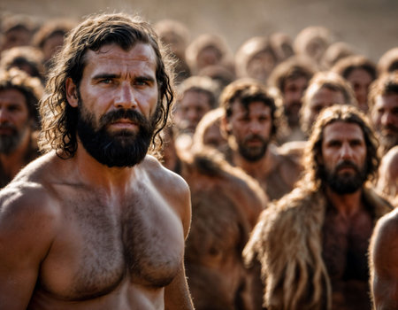 photo of group of strong caveman gang, generative AIの素材
