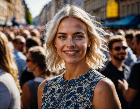 photo of beautiful woman at parade street in Europe country, generative AIの素材