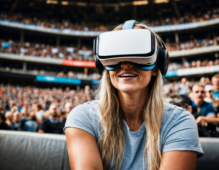 photo of beautiful woman with VR glasses headset at stadium sport arena, generative AIの素材