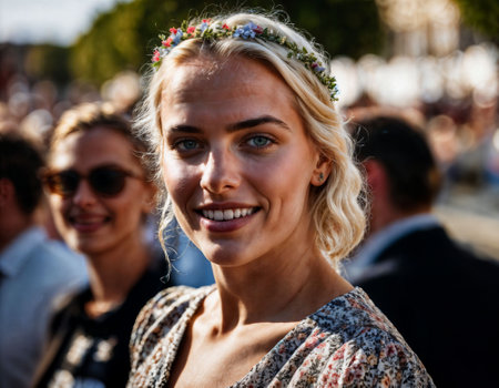 photo of beautiful woman at parade street in Europe country, generative AIの素材