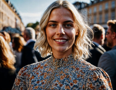 photo of beautiful woman at parade street in Europe country, generative AIの素材