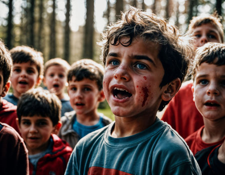 photo group of boy being bullied with wound and blood in the gang, generative AIの素材
