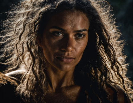 photo of of strong cavewoman inside dark cave, generative AIの素材