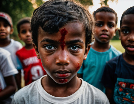photo group of boy being bullied with wound and blood in the gang, generative AIの素材