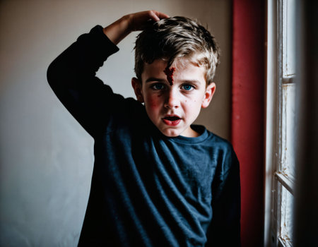 photo of of boy being bullied with wound and blood, generative AIの素材